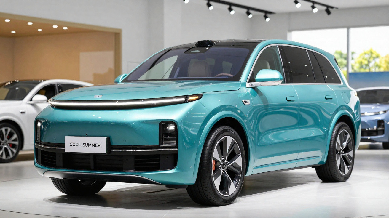 Carro elétrico SUV azul-turquesa com design moderno em showroom iluminado.