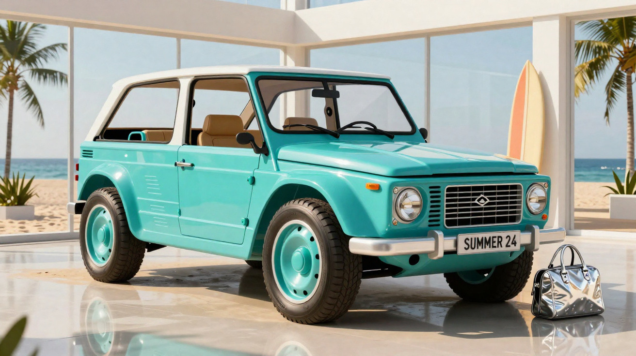 Carro conversível azul claro estacionado em ambiente interno com vista para praia e prancha de surf.