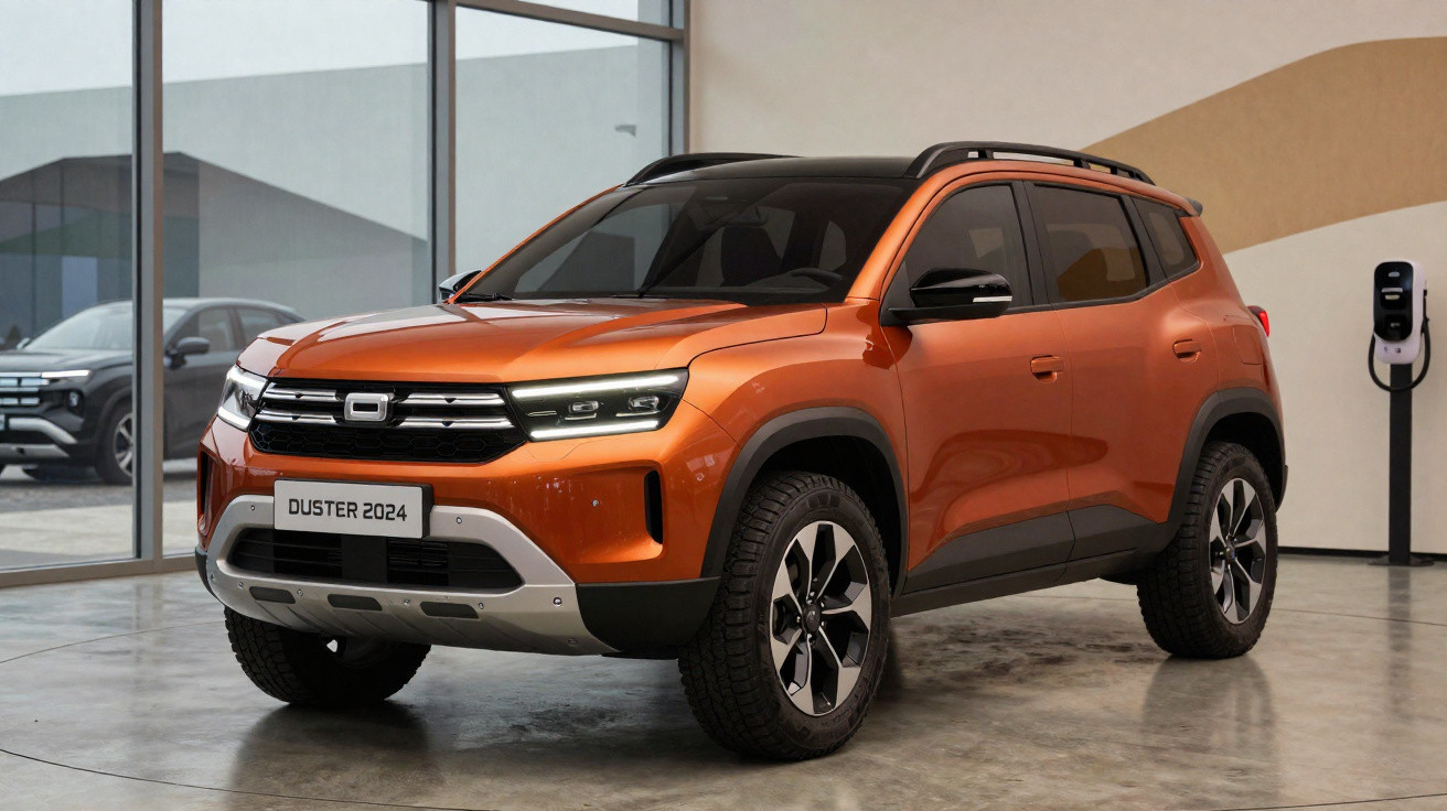 SUV Duster 2024 laranja estacionado em ambiente interno moderno com parede bege e vidro grande.