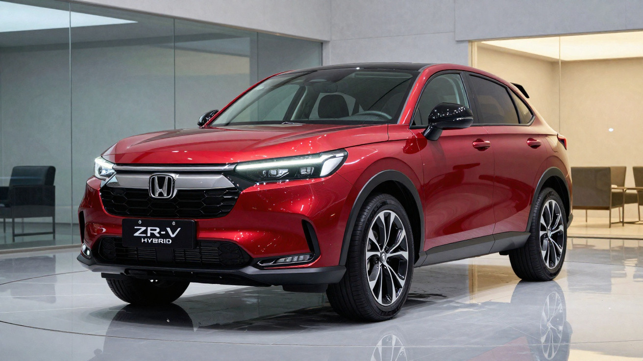 SUV Honda ZR-V Hybrid vermelho em ambiente interno com piso refletivo e cadeiras ao fundo.