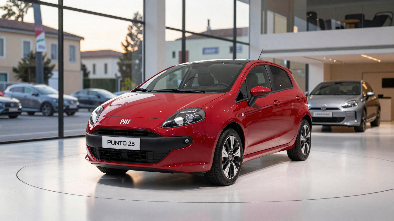 Carro vermelho Fiat Punto 25 exposto em showroom moderno com carros ao fundo.