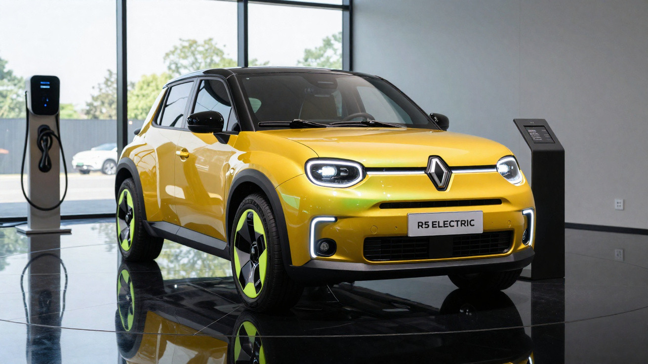 Carro elétrico Renault R5 Electric amarelo em exposição interna ao lado de ponto de recarga.