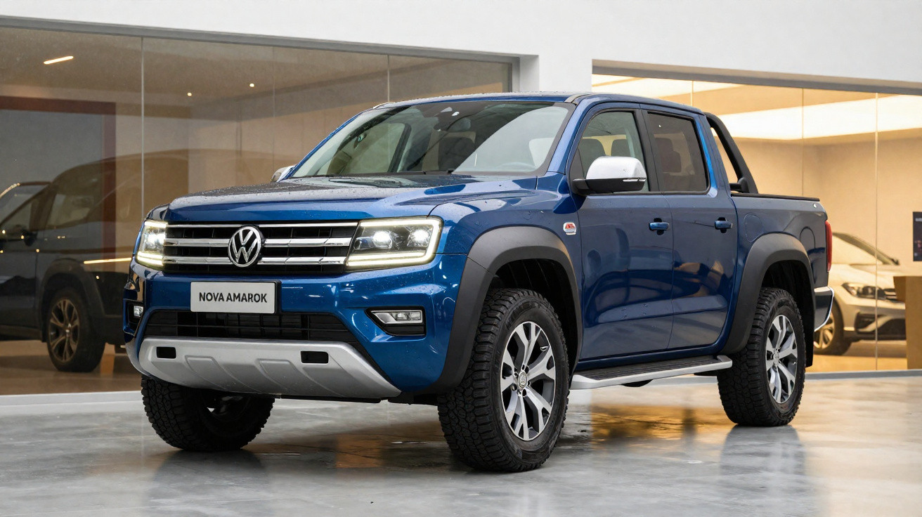 Picape Volkswagen Amarok azul estacionada em showroom com refletor de teto ligado.