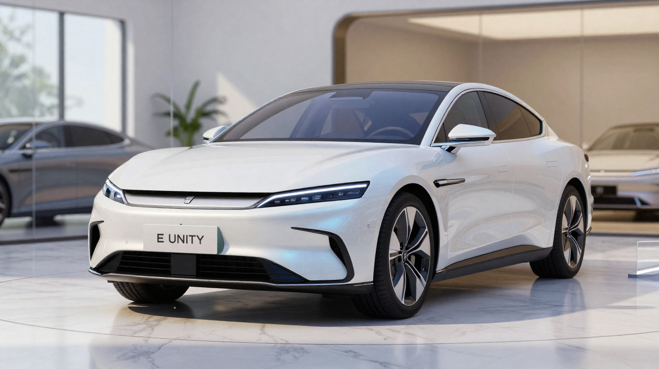 Carro elétrico branco modelo E Unity em exposição em salão moderno com piso de mármore.