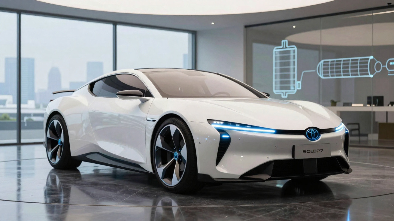 Carro esportivo elétrico branco Toyota em showroom com vidros e painel digital futurista ao fundo.