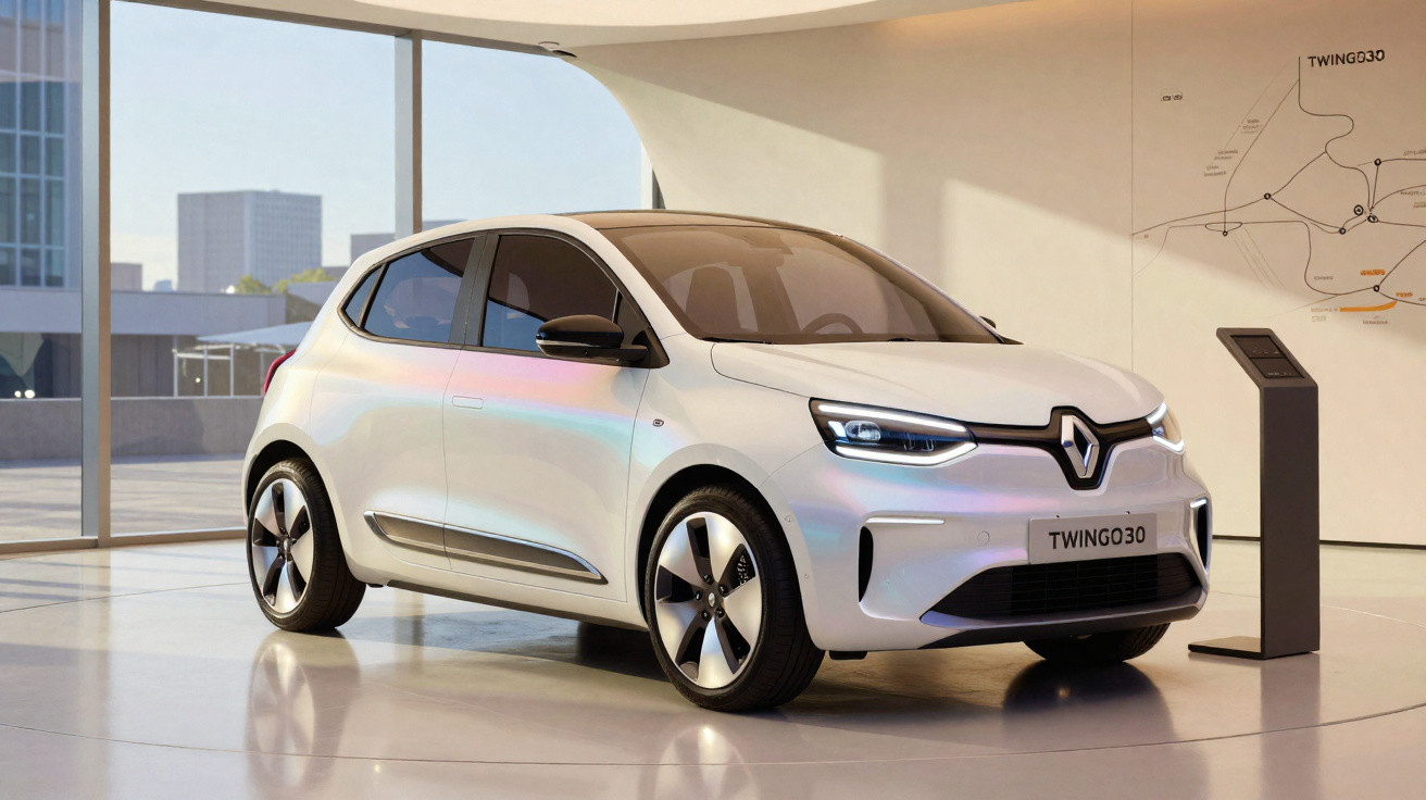 Carro branco elétrico Renault Twingo Z.E. exposto em ambiente moderno e iluminado.
