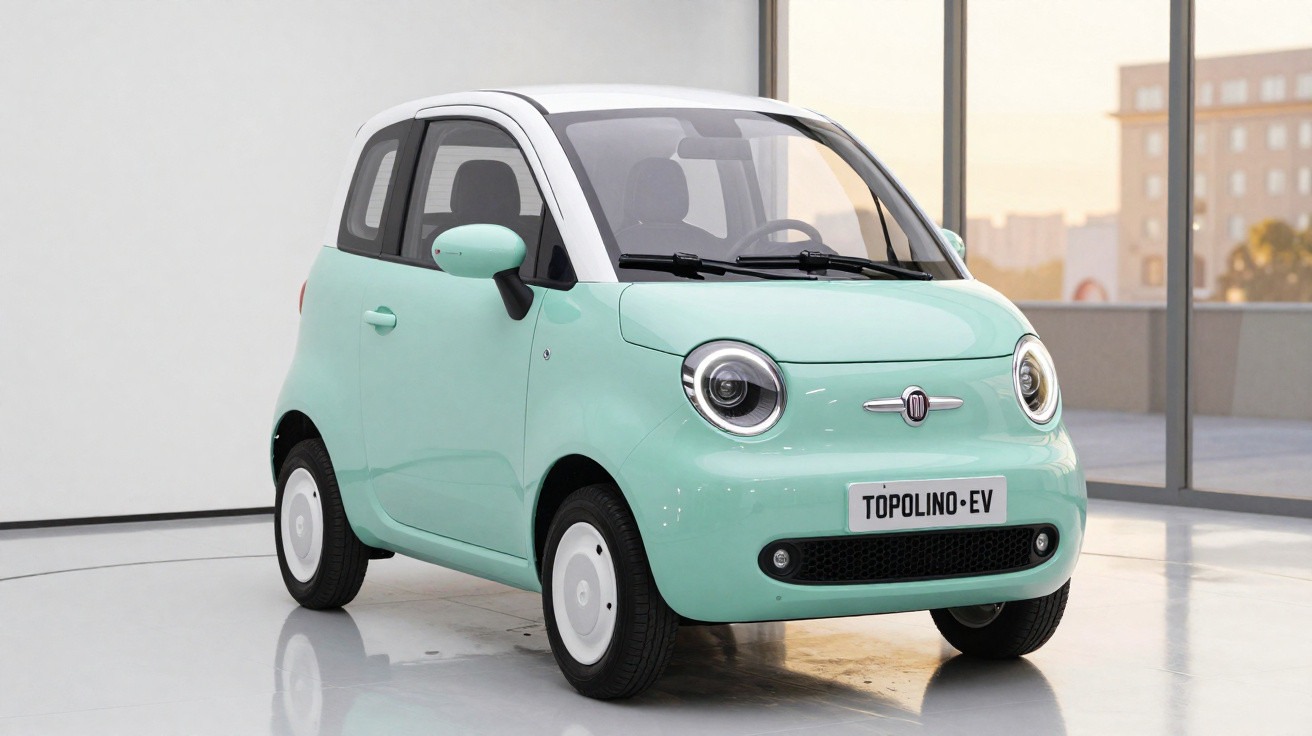 Carro elétrico compacto verde claro com teto branco estacionado em ambiente interno moderno.