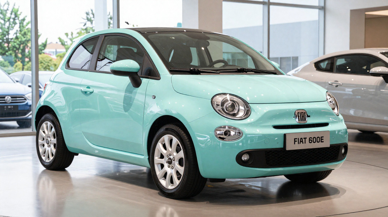 Carro elétrico Fiat 600e azul claro exibido em concessionária com iluminação natural.