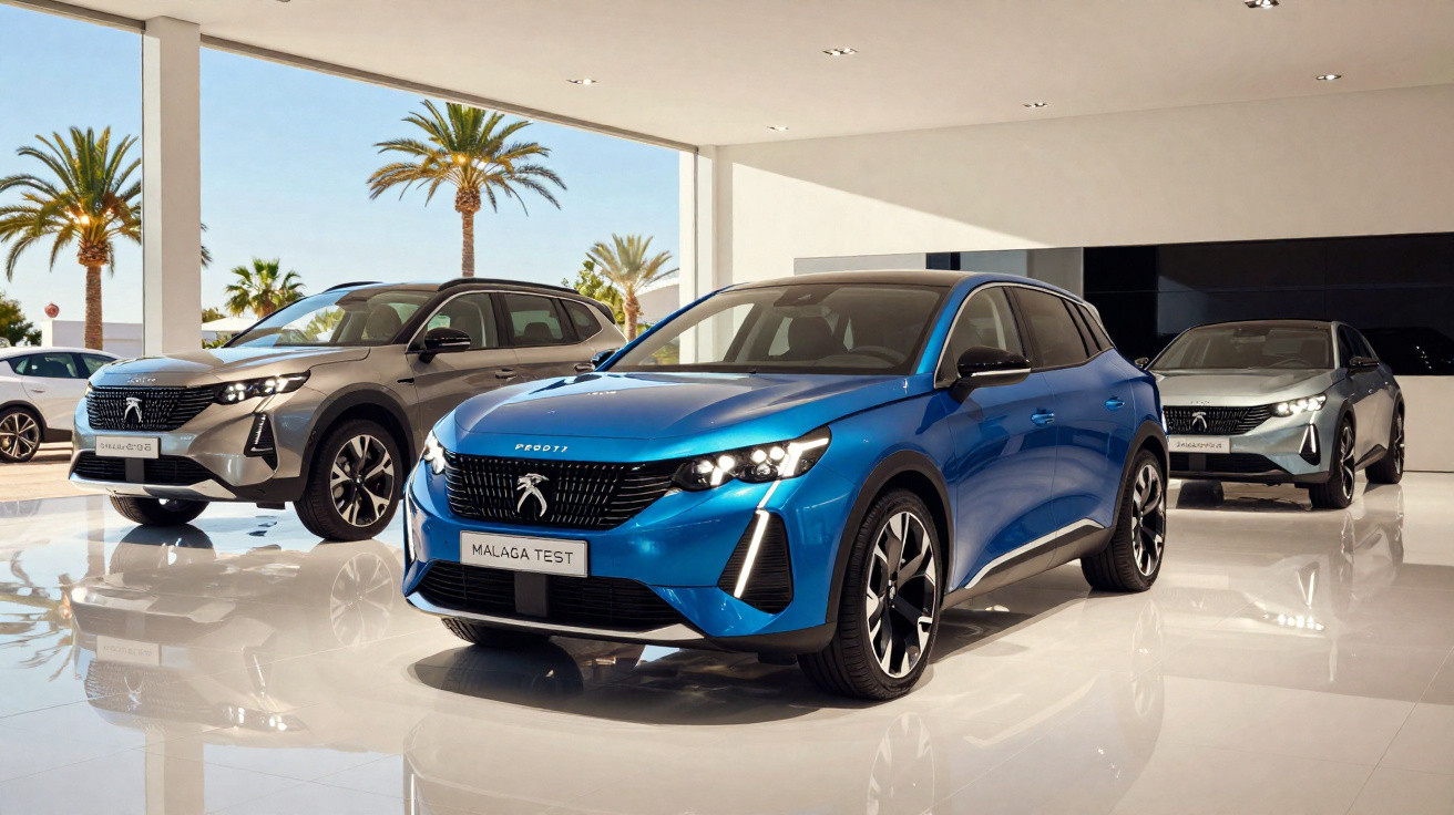 Sala de exposição com três carros Peugeot modernos em diferentes cores, ambiente iluminado e janelas panorâmicas.