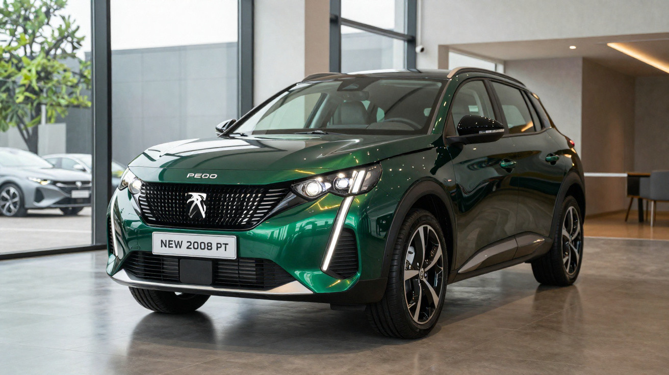 Carro SUV Peugeot 2008 verde metálico em exposição dentro de showroom moderno.