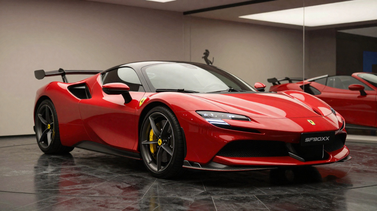 Carro esportivo Ferrari vermelho modelo SF90XX exibido em salão moderno com piso preto brilhante.