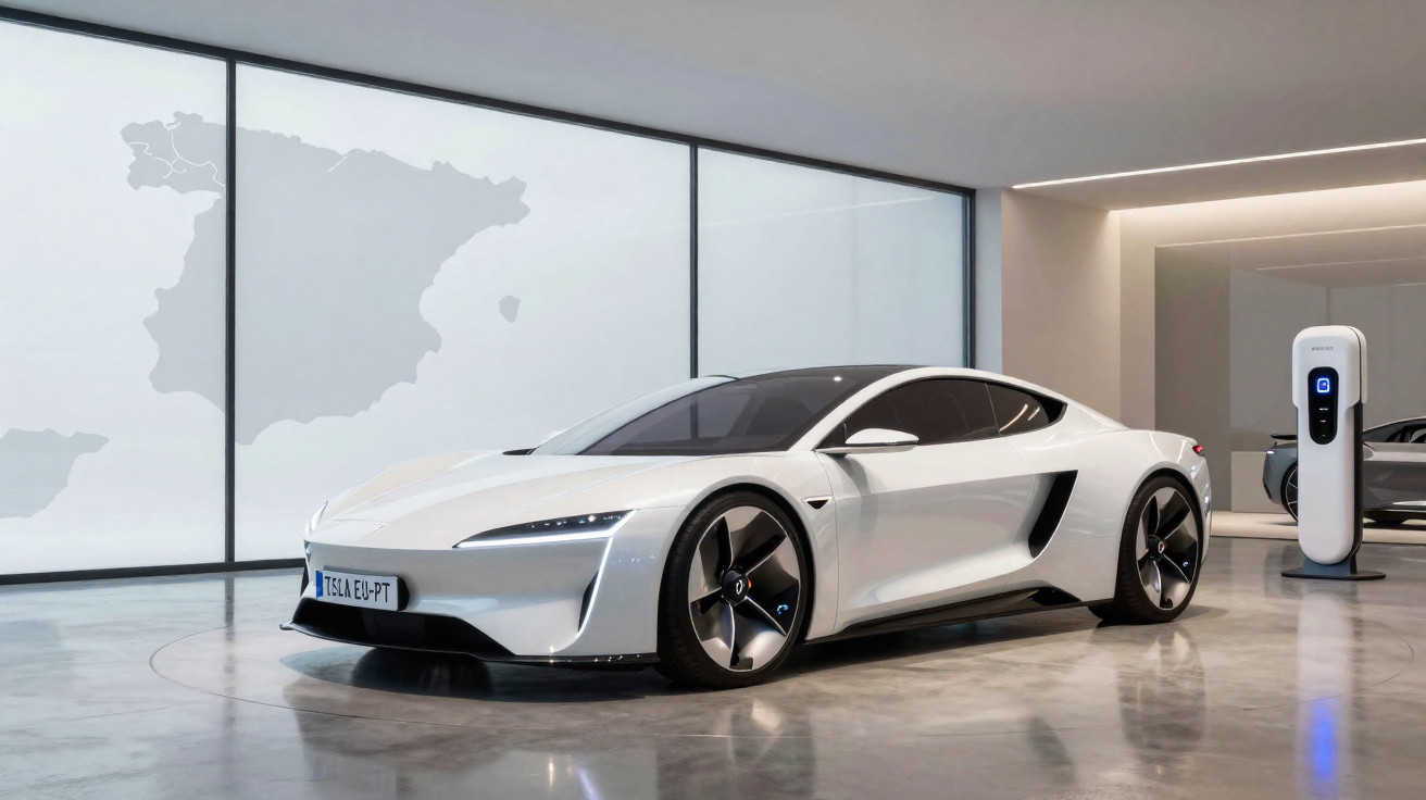 Carro elétrico branco estacionado em showroom moderno com carregador ao lado e parede com mapa da Europa ao fundo.