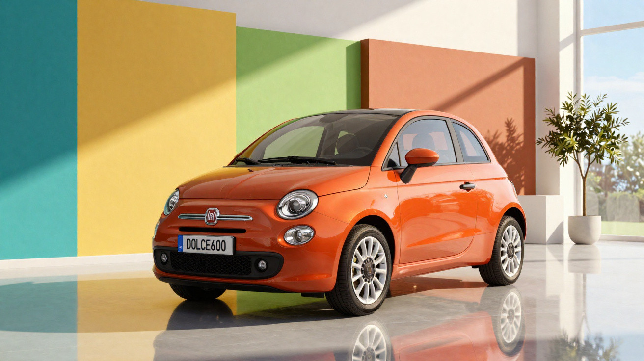 Carro Fiat 500 laranja estacionado em ambiente interno com paredes coloridas e planta ao fundo.