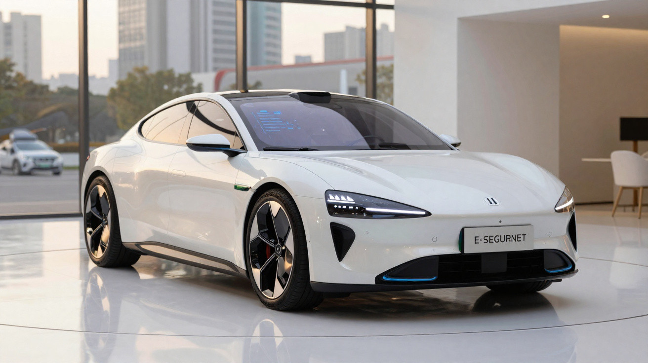 Carro elétrico branco moderno em exposição interna com placa E-SEGURNET e rodas esportivas.