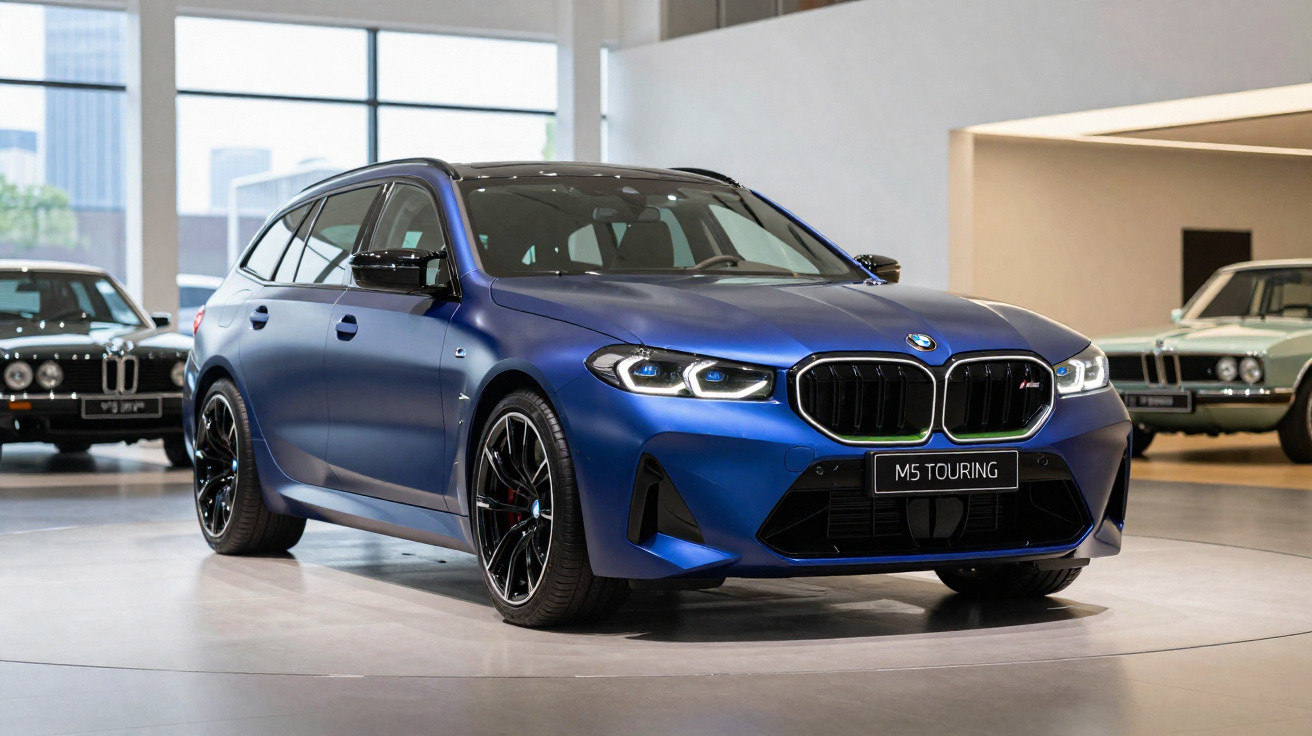 Carro BMW M5 Touring azul fosco estacionado em ambiente interno moderno com outros carros ao fundo.