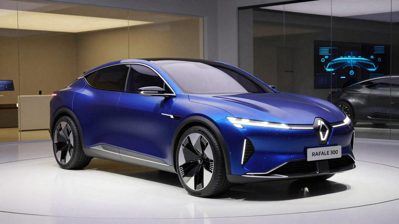 Carro elétrico azul Renault Rafale 300 em exposição com design moderno e futurista em sala iluminada.