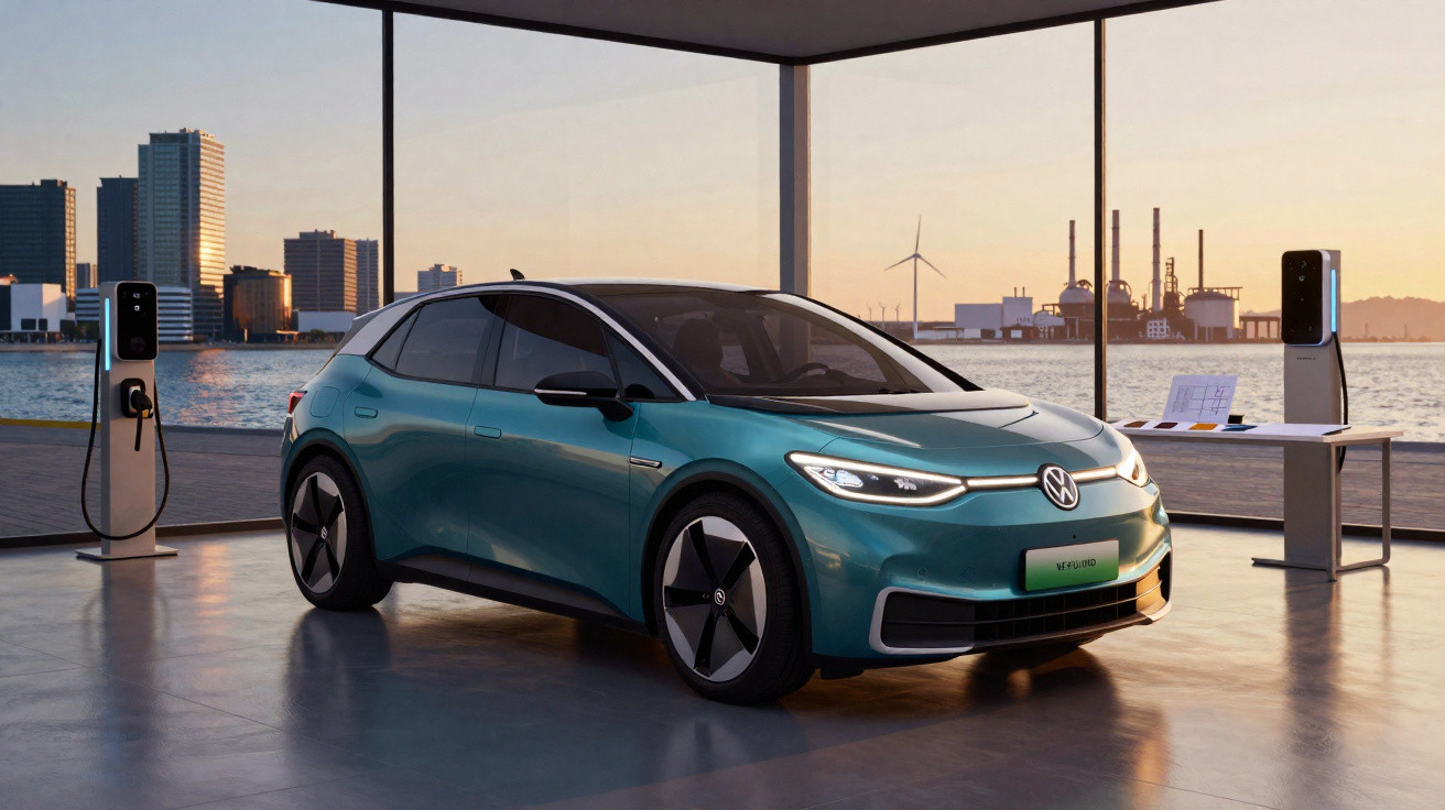Carro elétrico Volkswagen ID.3 azul estacionado em ambiente moderno com janelas amplas e vista para cidade e mar.