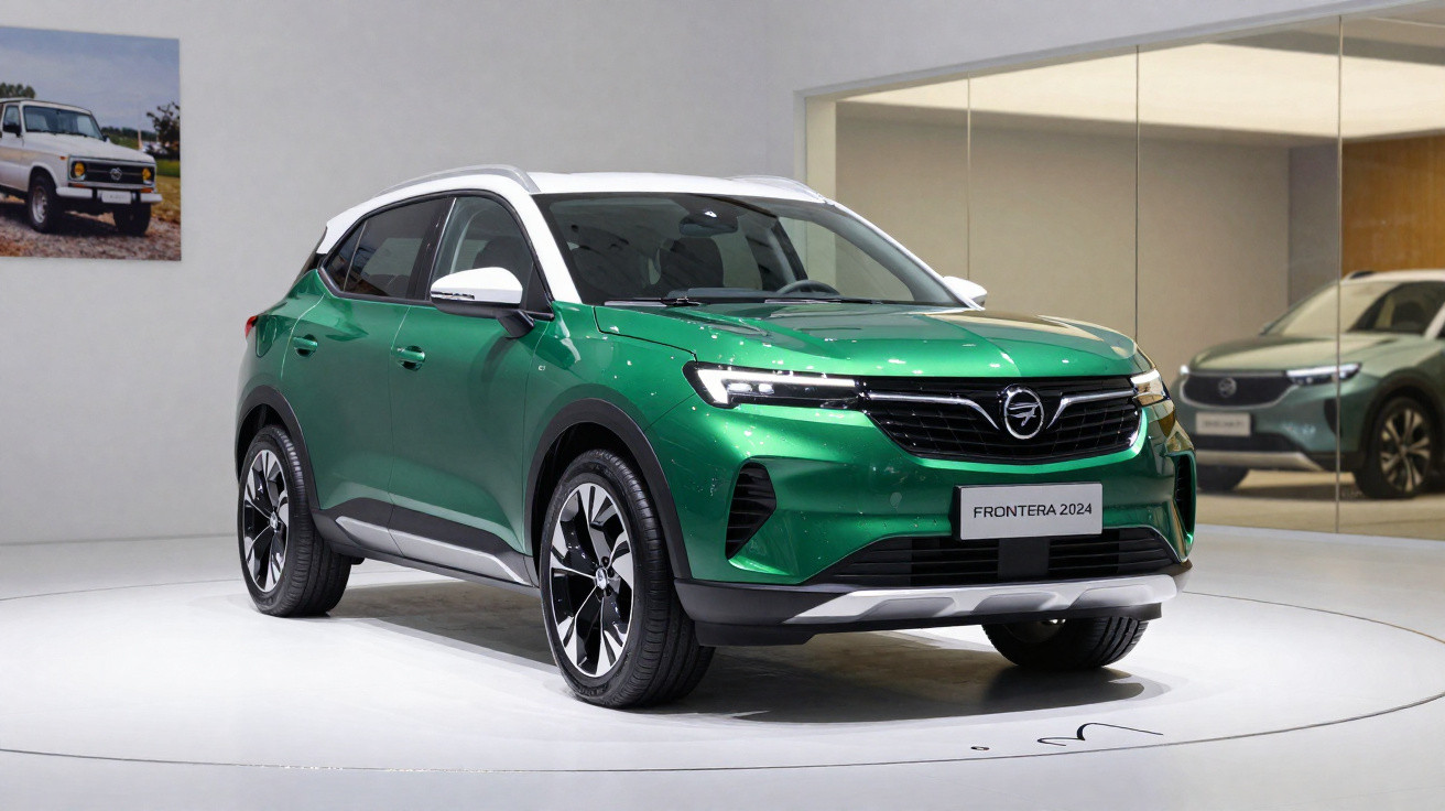 Carro SUV verde Opel Frontera 2024 exibido em salão de automóveis com teto branco.