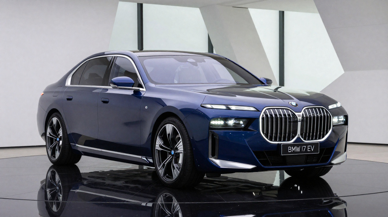 Carro BMW i7 EV azul escuro em ambiente moderno com piso refletivo e grandes janelas.
