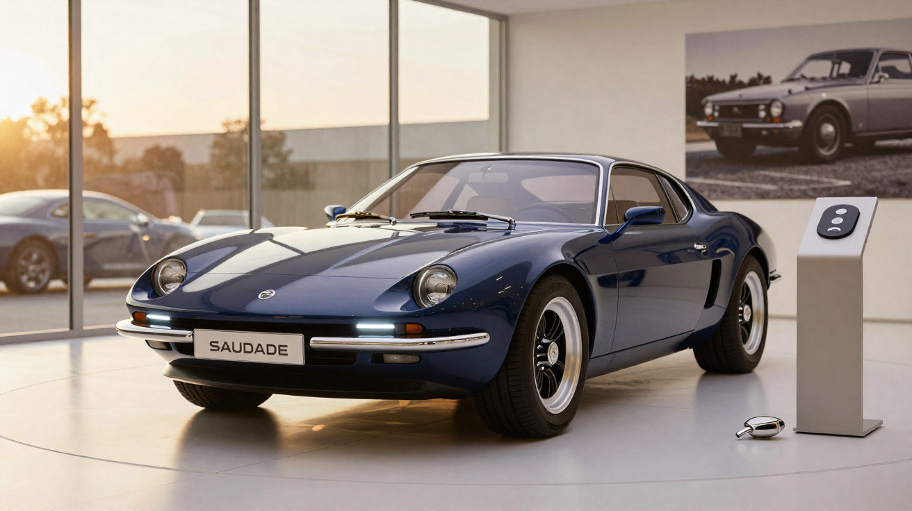 Carro esportivo azul modelo clássico exposto em showroom moderno com luz natural e foto vintage ao fundo.