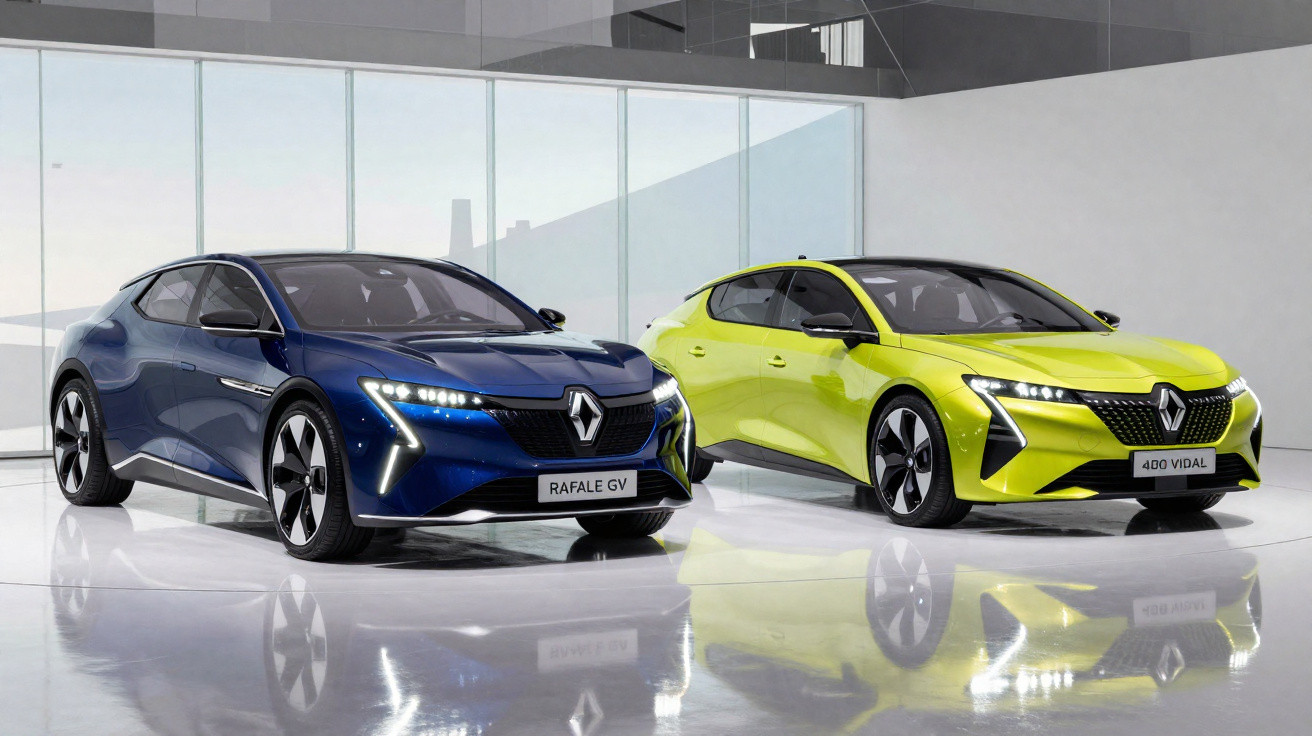 Dois carros Renault modernos, um azul e um amarelo, em ambiente interno branco e iluminado.