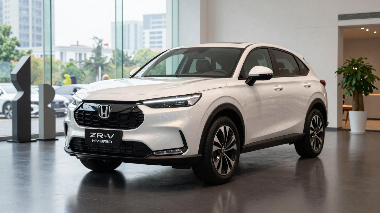 Carro branco Honda ZR-V Hybrid estacionado em showroom moderno com piso cinza e grandes janelas de vidro.