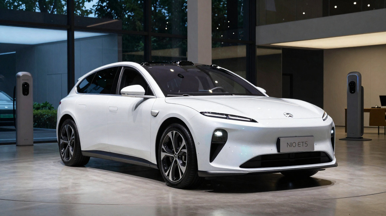 Carro elétrico branco NIO ET5 estacionado em showroom moderno com estações de recarga ao fundo.