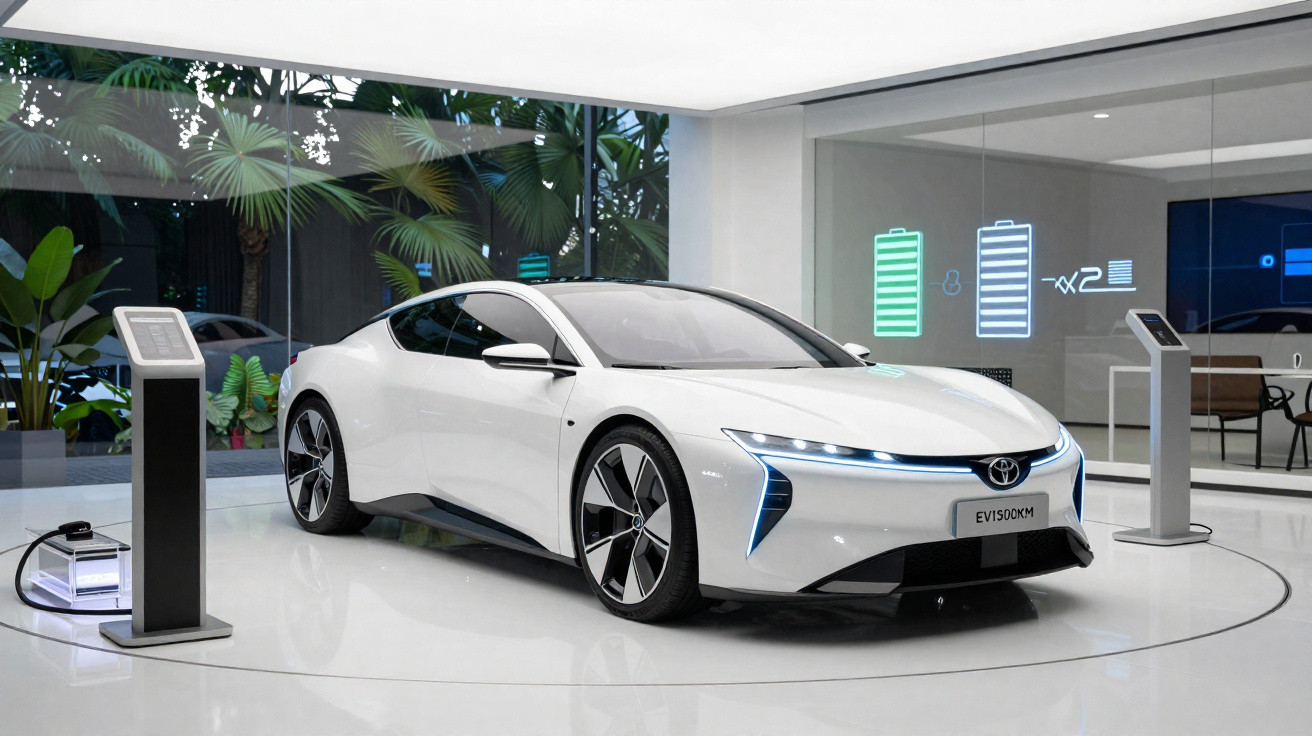 Carro elétrico branco Toyota EV1500KM em exposição em ambiente moderno com telas digitais ao fundo.