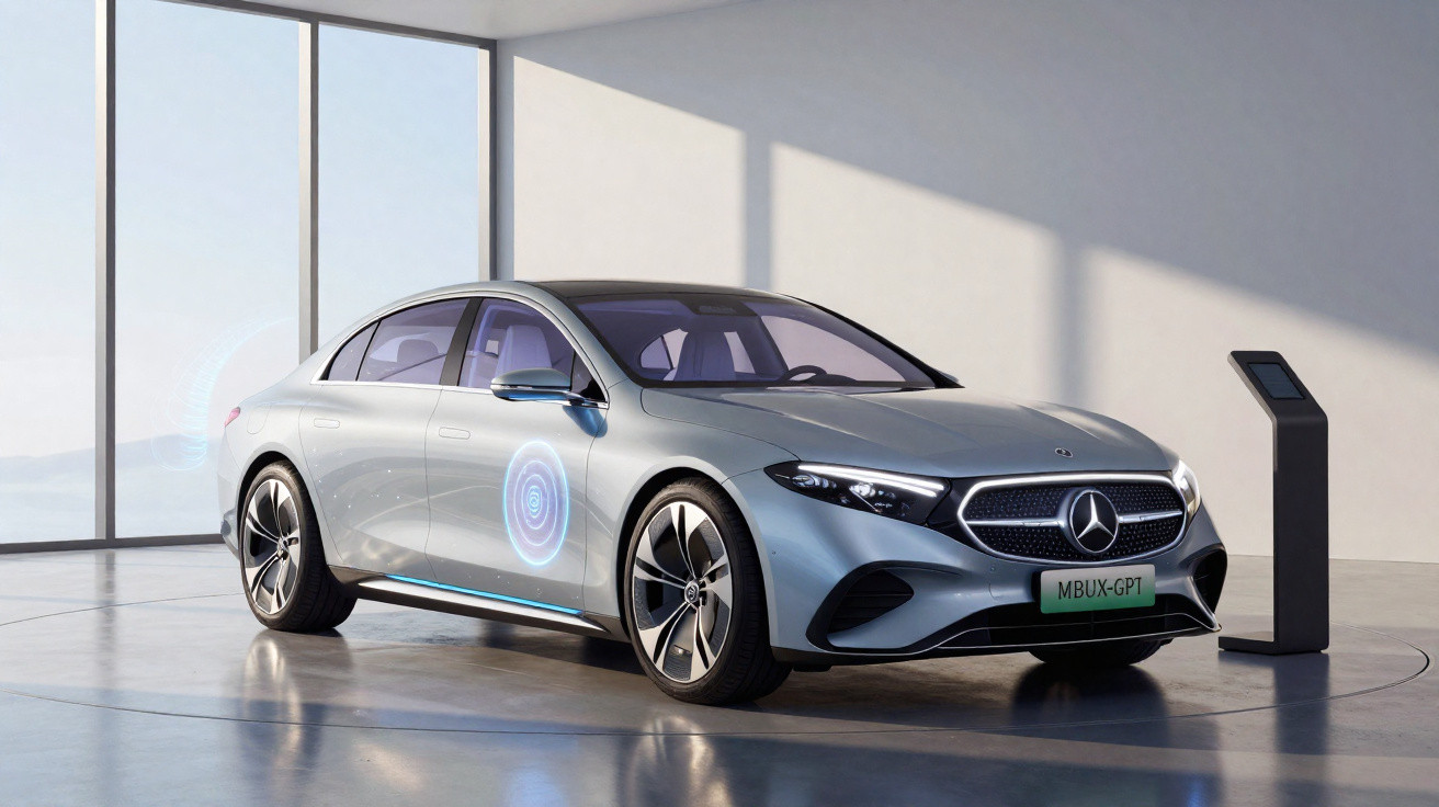 Carro elétrico prata Mercedes-Benz estacionado em ambiente moderno com carregador ao lado.