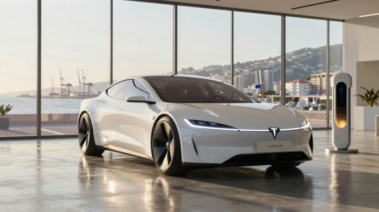 Carro elétrico Tesla branco estacionado em ambiente moderno com vista para o mar e estação de recarga.