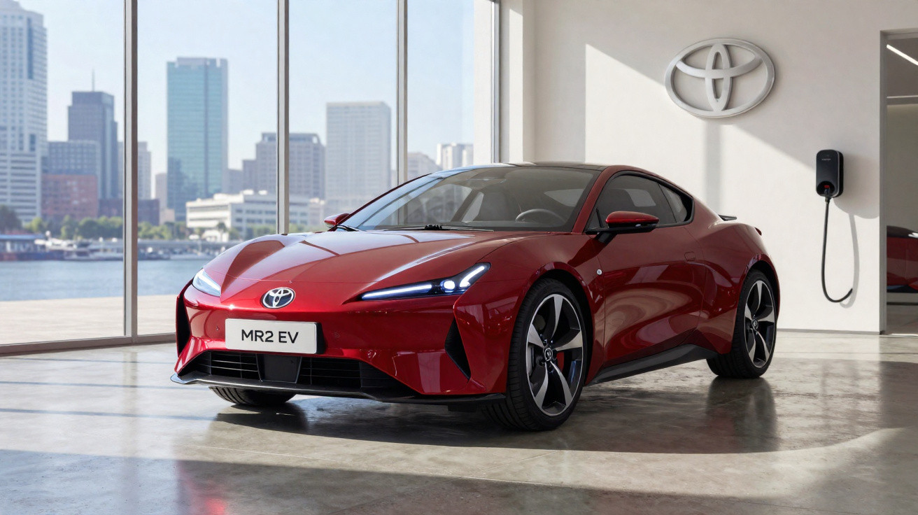 Carro elétrico esportivo vermelho Toyota MR2 EV estacionado em showroom com parede branca e logo Toyota.
