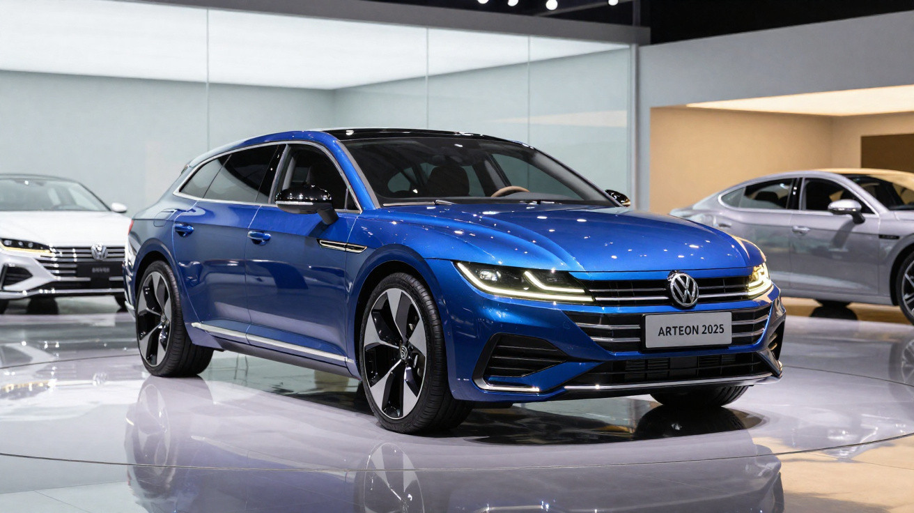 Carro Volkswagen Arteon 2025 azul exibido em salão de automóveis com reflexos no piso brilhante.
