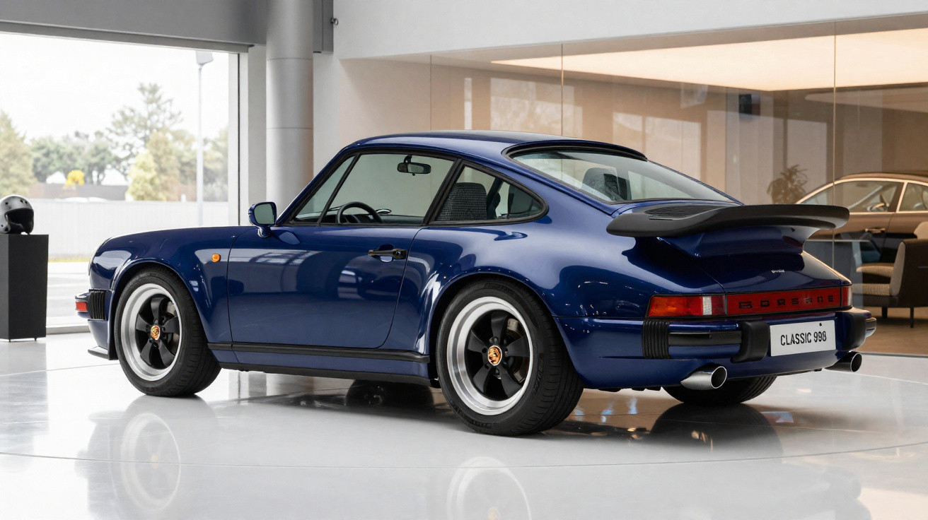 Carro esportivo Porsche clássico azul escuro estacionado em piso branco dentro de showroom.