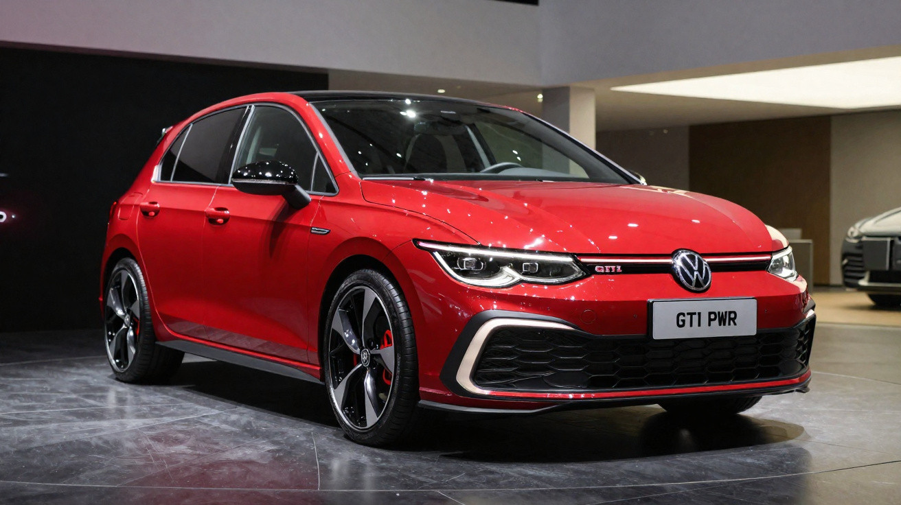 Carro vermelho Volkswagen Golf GTI PWR estacionado em ambiente interno com piso escuro.