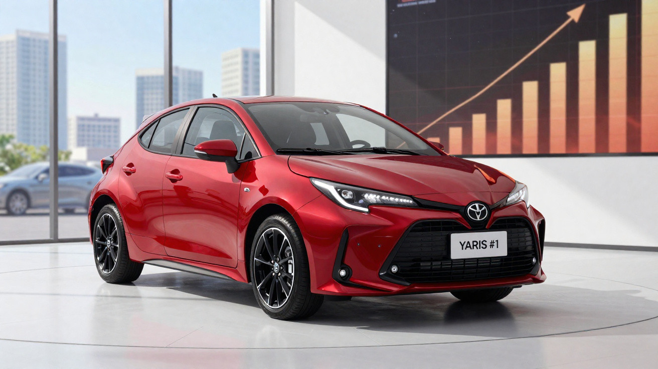 Carro vermelho Toyota Yaris em exposição, com gráfico de crescimento ao fundo em ambiente interno moderno.