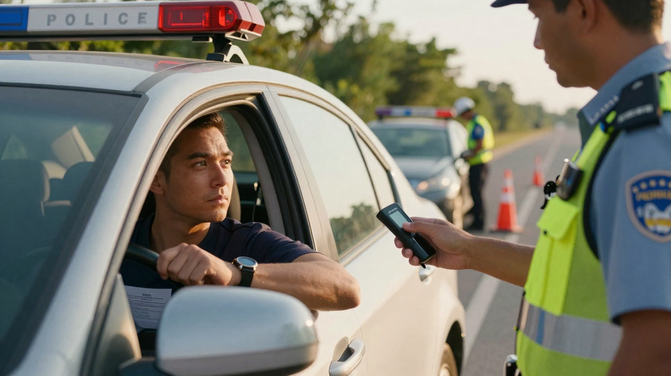 Policial fazendo teste de bafômetro em motorista parado em blitz de trânsito durante o dia.