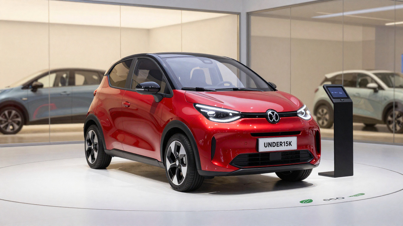 Carro compacto elétrico vermelho exposto em plataforma branca com pedestal digital ao lado, em showroom moderno.
