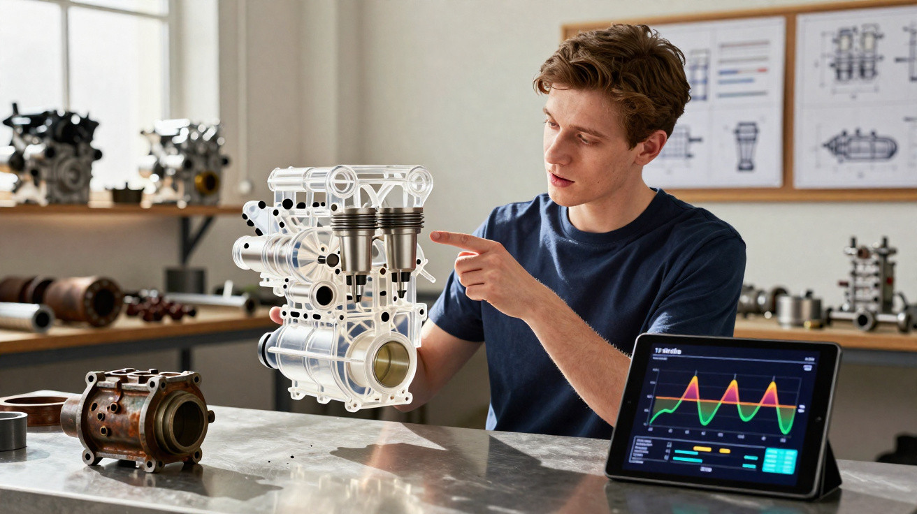 Homem analisando modelo 3D de motor em oficina com tablet exibindo gráficos ao lado.