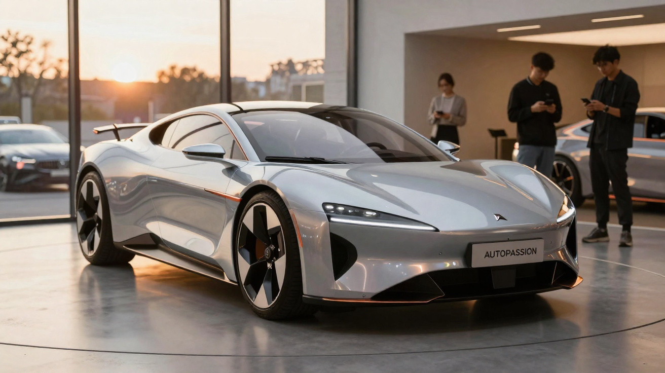 Carro esportivo elétrico prata exibido em showroom moderno com três pessoas ao fundo.