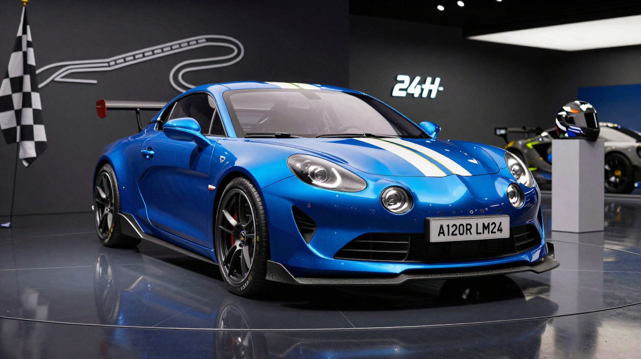 Carro esportivo azul com faixa branca exposto em museu ao lado de bandeira quadriculada e capacete.
