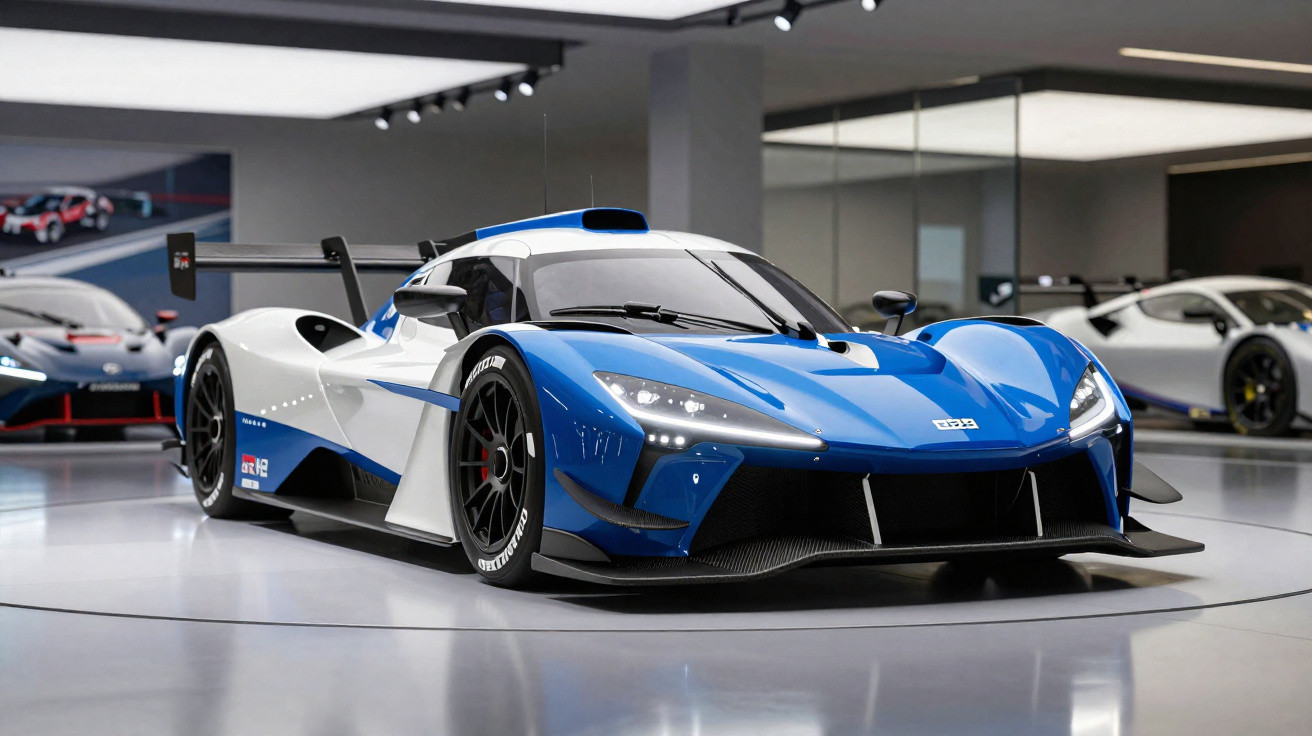 Carro esportivo azul e branco com design aerodinâmico exibido em showroom moderno.