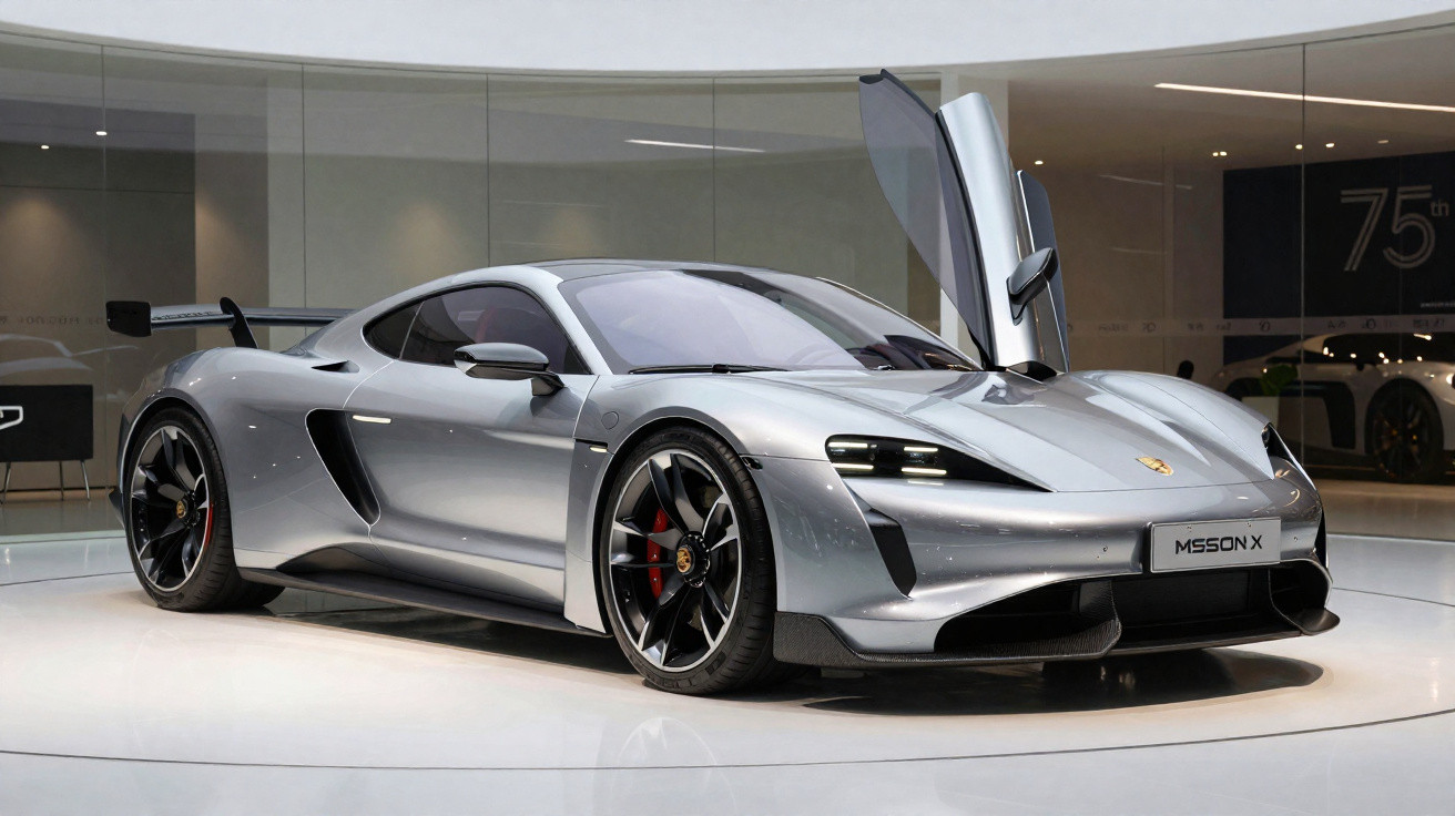 Carro esportivo Porsche Mission X prata com porta de motorista aberta para cima em showroom moderno.
