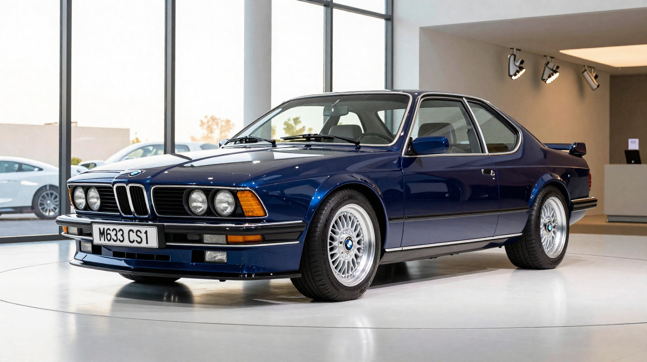Carro esportivo clássico BMW M633 CS1 azul estacionado em ambiente interno moderno e iluminado.