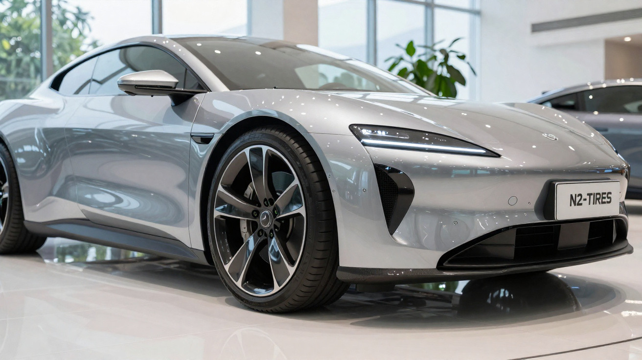 Carro esportivo prata com design aerodinâmico em exposição dentro de showroom iluminado.
