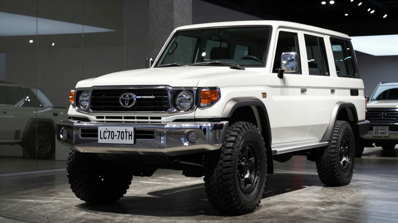Carro SUV branco Toyota Land Cruiser 70 estacionado em ambiente interno com piso refletivo.