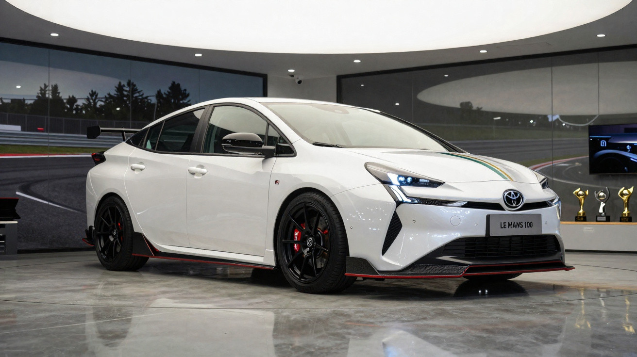 Carro esportivo Toyota branco Le Mans 100 em exposição interna com linha decorativa verde e amarela no capô.