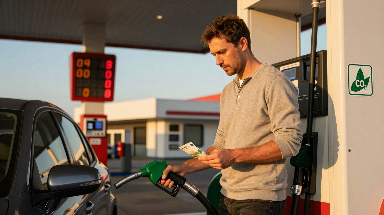 Homem abastece carro com combustível em posto de gasolina ao entardecer.