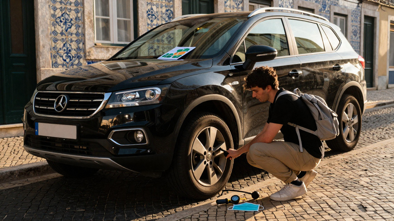 Homem com mochila verificando o pneu de SUV preto estacionado em rua de paralelepípedo.