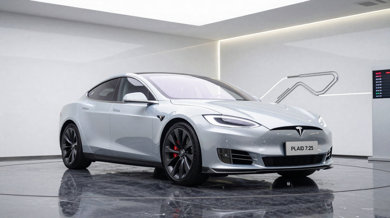 Carro elétrico Tesla Modelo S Plaid prata em exposição futurista com iluminação branca.