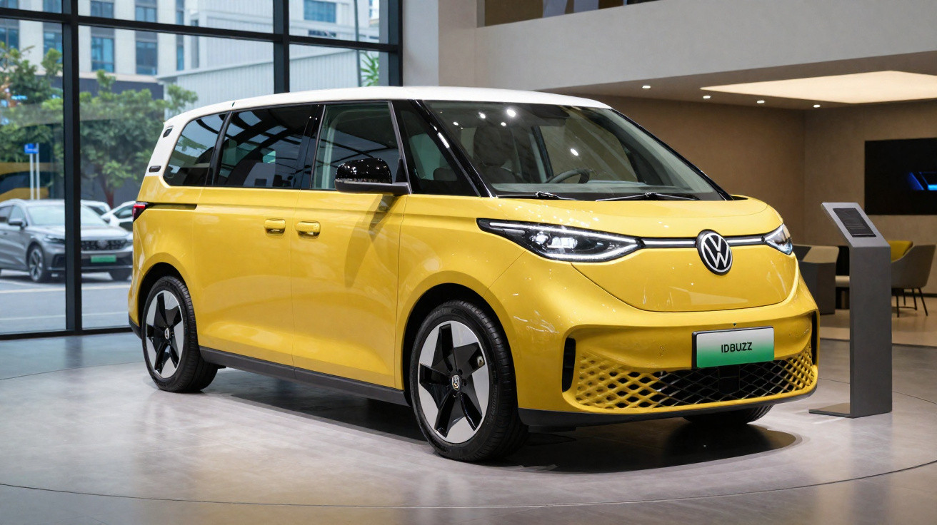 Carro elétrico Volkswagen ID.Buzz amarelo exibido em showroom moderno com janelas grandes.